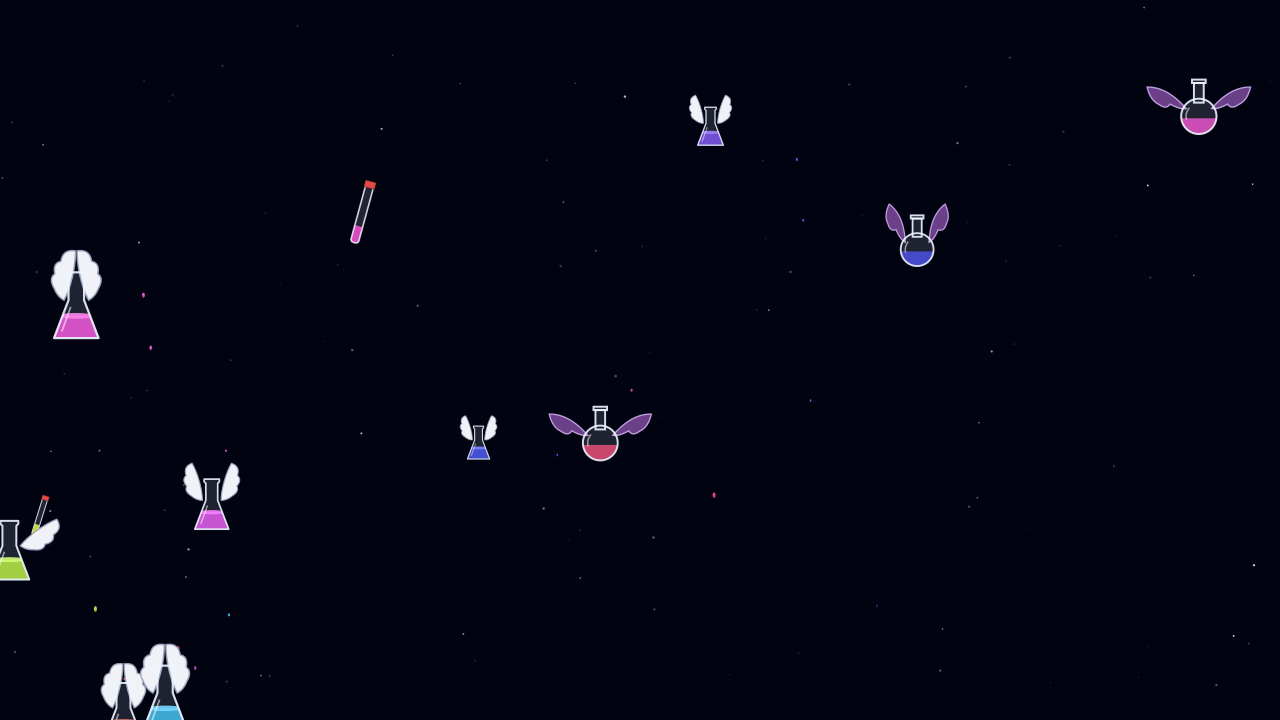 Winged Erlenmeyer and round-bottom flasks drift through the Flying Flasks screen saver.